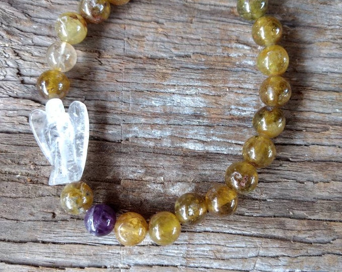 Green GARNET CITRINE AMETHYST Clear Quartz Angel Chakra Stretch Bracelet All Natural Semi-Precious Stones Healing Metaphysical