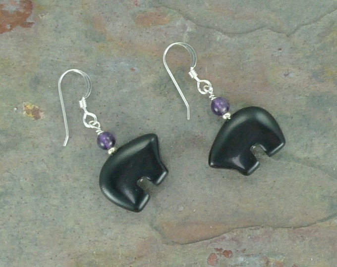 Bear Fetish Zuni Gemstone Earrings Sterling Silver Black Onyx & Amethyst