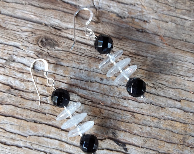 Black Onyx, Rock Quartz Crystal Gemstone Earrings Sterling Silver Natural Stone