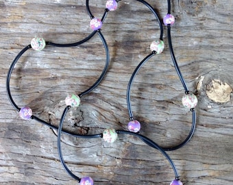 SALE: PURPLE & GREEN Floral, Fimo Polymer Clay and Glass Beads Eyeglass Chain