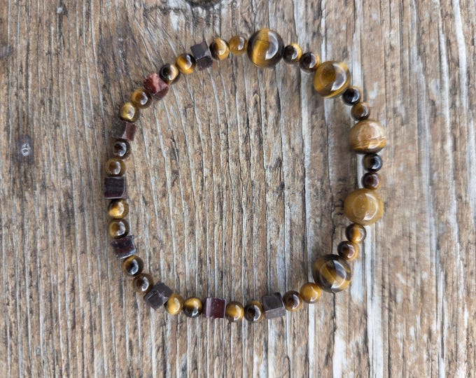 TIGER EYE (Brown) Mixed Shape Bead Chakra Stretch Bracelet All Natural Semi-Precious Stones Healing Metaphysical