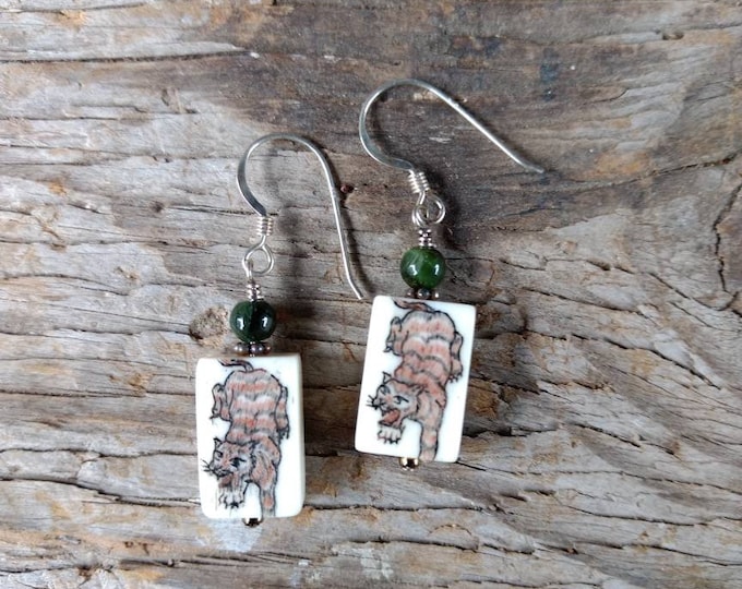 Earrings: TIGER Hand Painted with Green Hawkeye Stone Sterling Silver