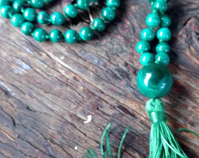 MALA: Malachite 108 Count Plus Guru Bead Silk Tassel Necklace