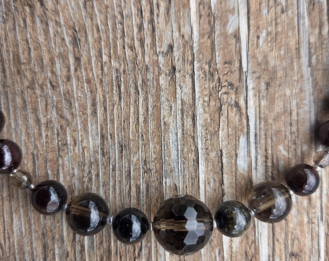 GARNET SMOKY QUARTZ Bead Sterling Silver Necklace
