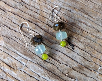 Labradorite, Chalcedony, Green Quartz Gemstone Earrings Sterling Silver Natural Stone