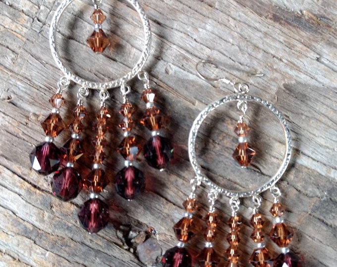 CHANDELIER EARRINGS: 2 Shades of Browns Swarovski Crystal Colorful Wedding Prom Sterling Silver