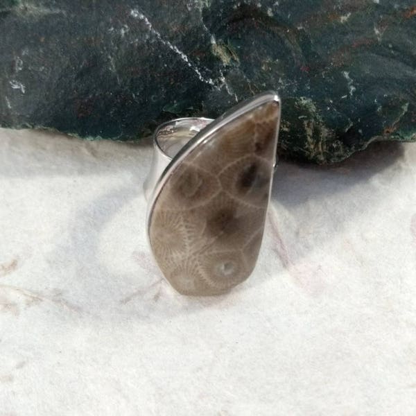 PETOSKEY Stone STATEMENT Ring Fossil Coral Sterling Silver Size 8