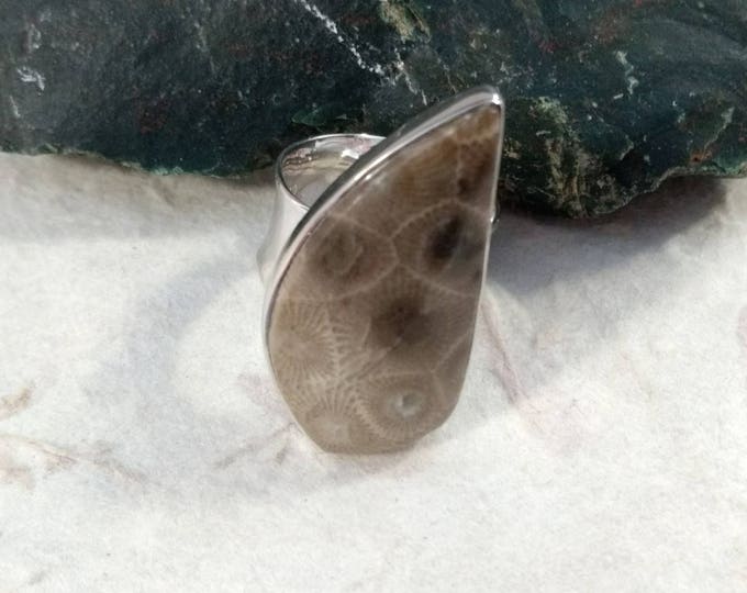 PETOSKEY Stone STATEMENT Ring Fossil Coral Sterling Silver Size 8