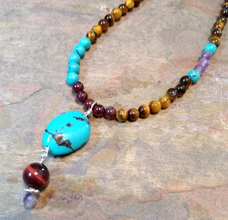 SET: TURQUOISE & MIXED Gemstone, Sterling Silver Necklace and Earring Set