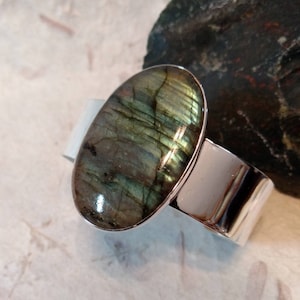LABRADORITE Stone STATEMENT Cuff BRACELET Sterling Silver Wide Band Wow!