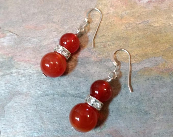 CARNELIAN AGATE w/Rhinestone Sparkle Gemstone Earrings Sterling Silver Natural Stone