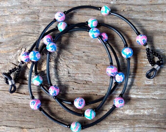 SALE: FLORAL Round, CHOOSE Color, Fimo Polymer Clay and Glass Beads Eyeglass Chain