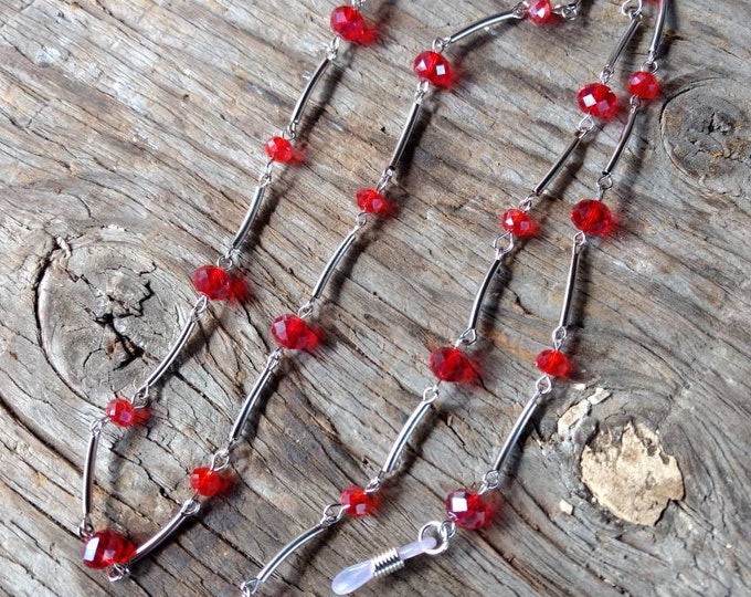 SALE: RED CRYSTAL Beads, Czech Glass Beads, Linked Silver Wire Eyeglass Chain