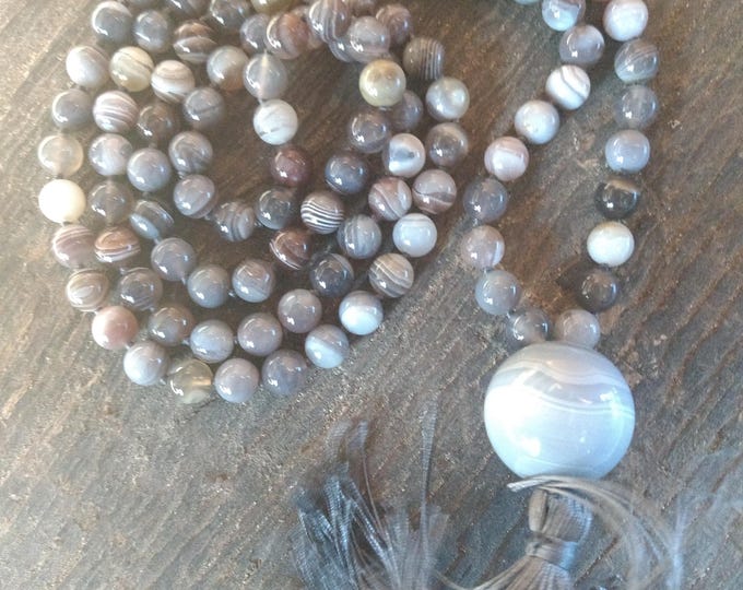 MALA: BOTSWANA AGATE Beads Silk Tassel Necklace 108 Count Plus Guru Bead