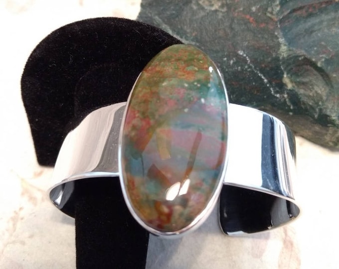 FANCY JASPER Stone STATEMENT Cuff Bracelet Sterling Silver Wide Band Wow!