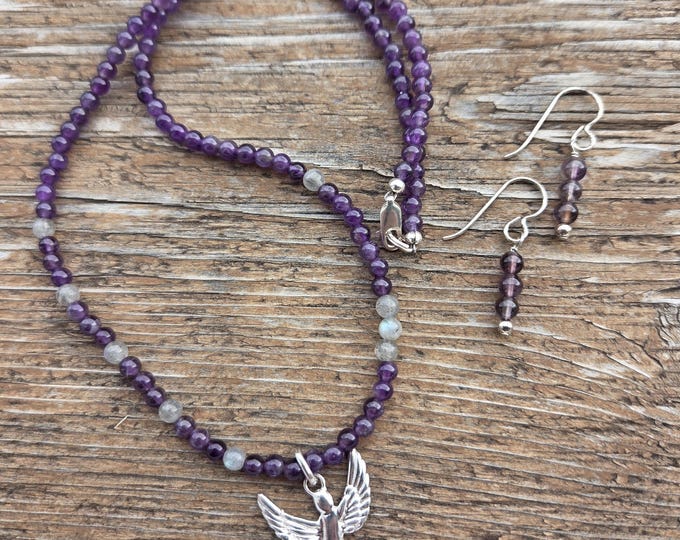 SET: Angel AMETHYST and LABRADORITE Sterling Silver Necklace with Earrings