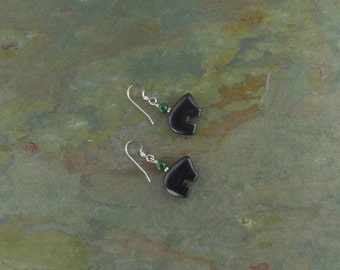 Bear Fetish Zuni Gemstone Earrings Sterling Silver Black Onyx & Malachite