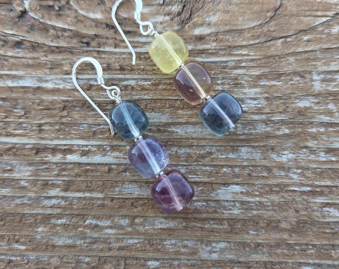RAINBOW FLUORITE Gemstone Earrings Sterling Silver Natural Stone