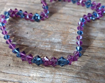 SALE: Blue and Purple Swarovski Crystal Woven Necklace Choker Sterling Silver