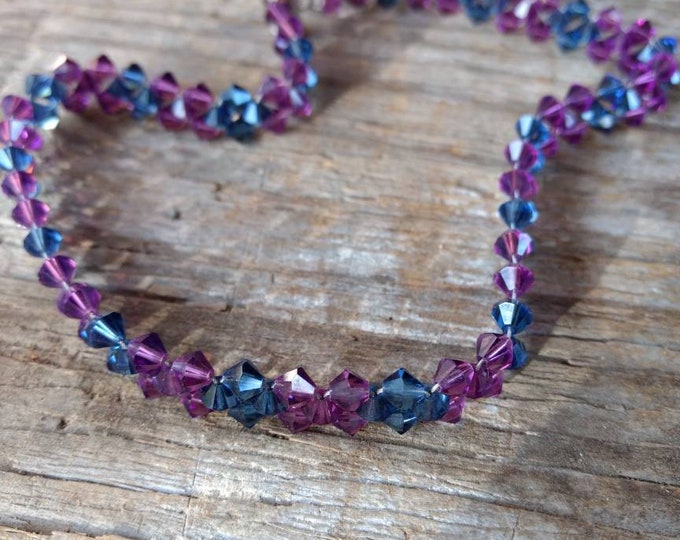 SALE: Blue and Purple Swarovski Crystal Woven Necklace Choker Sterling Silver