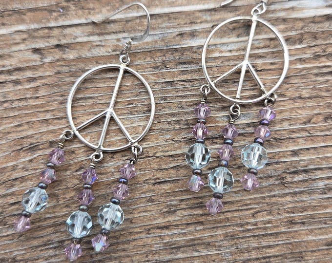 PEACE Sign CHANDELIER EARRINGS Blue & Lilac Swarovski Crystal Colorful Wedding Prom Sterling Silver