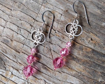 SWAROVSKI: 2 Shades of Pinks Crystal Colorful Wedding Prom Earrings Sterling Silver