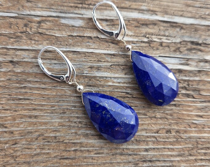 LAPIS LAZULI ~ WoW! Long Faceted Teardrops Gemstone Earrings Sterling Silver Natural Stone
