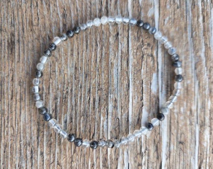 TOURMALINATED QUARTZ Small Bead Chakra Stretch Bracelet All Natural Semi-Precious Stones Healing Metaphysical
