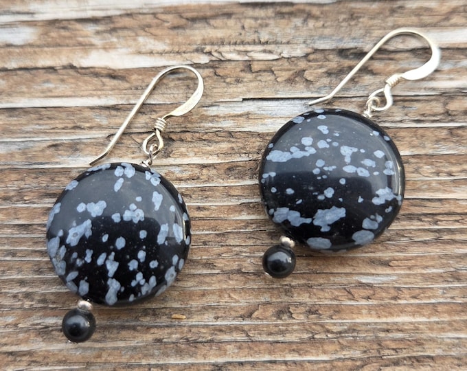 SNOWFLAKE OBSIDIAN Black Onyx Gemstone Earrings Sterling Silver Natural Stone