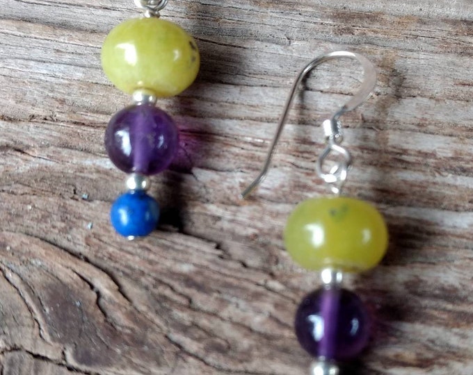 Olive Jade Amethyst Lapis Lazuli Gemstone Earrings Sterling Silver Natural Stone