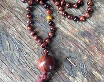 MALA: Tigereye 108 Count Plus Guru Bead Silk Tassel Necklace Red and Brown Tigereye