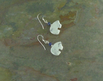 Bear Fetish Zuni Gemstone Earrings Sterling Silver White Howlite & Lapis Lazuli