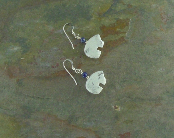 Bear Fetish Zuni Gemstone Earrings Sterling Silver White Howlite & Lapis Lazuli