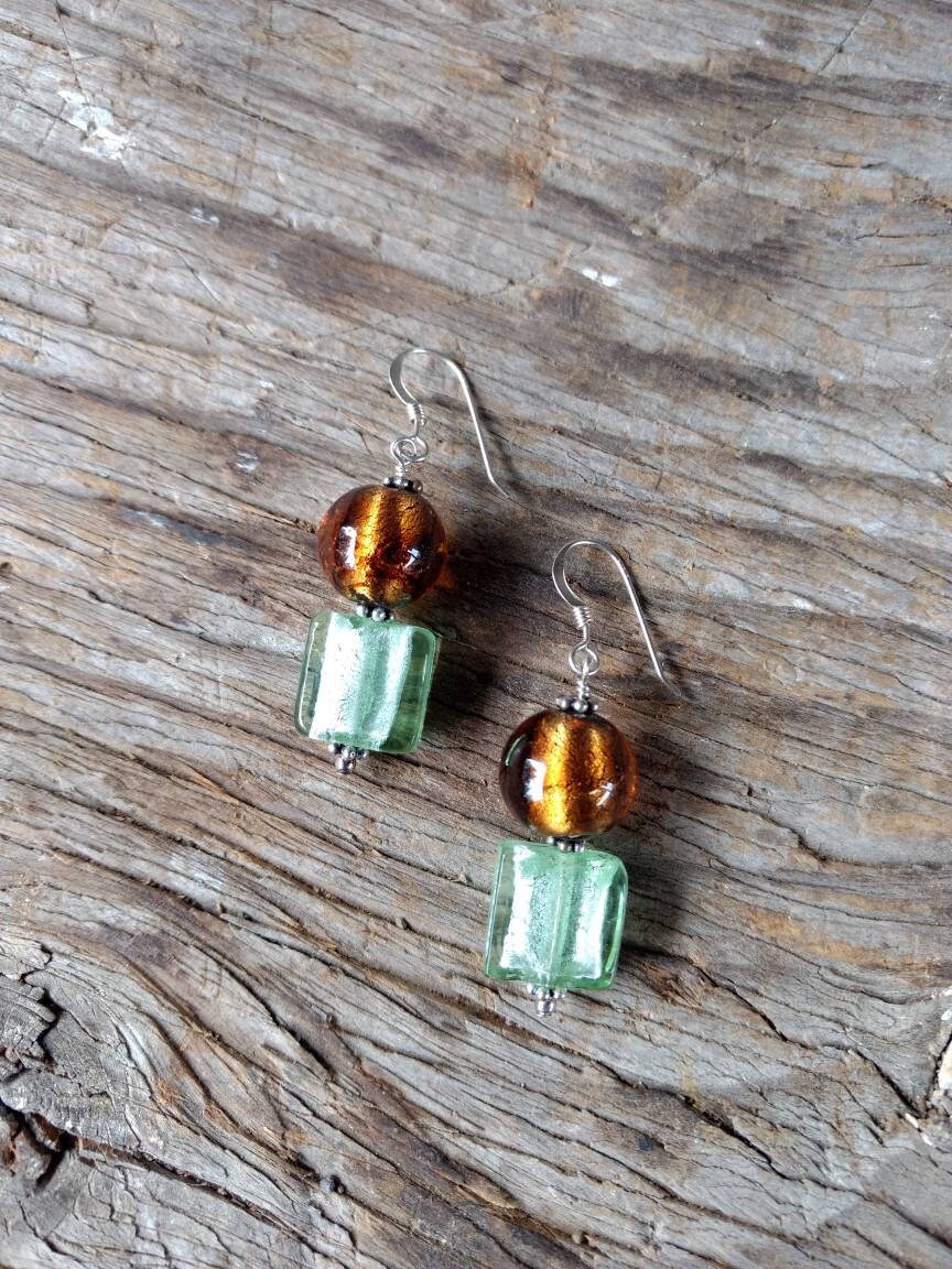 SALE: Venetian Glass BROWN & GREEN Silver Foil Lampwork w/ Sterling ...