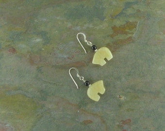 Bear Fetish Zuni Gemstone Earrings Sterling Silver Yellow Calcite & Black Onyx