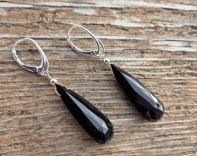 BLACK ONYX ~ WoW! Long Faceted Teardrops Gemstone Earrings Sterling Silver Natural Stone