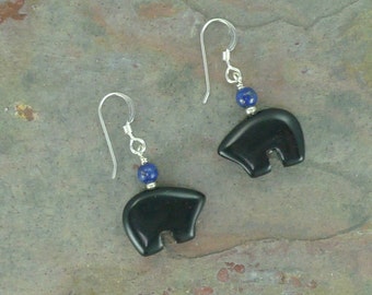 Bear Fetish Zuni Gemstone Earrings Sterling Silver Black Onyx & Lapis Lazuli