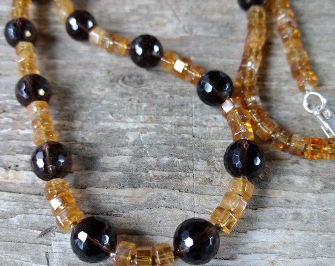 Smoky Quartz & Citrine Faceted Chakra Necklace All Natural Semi-Precious Stones Healing Metaphysical