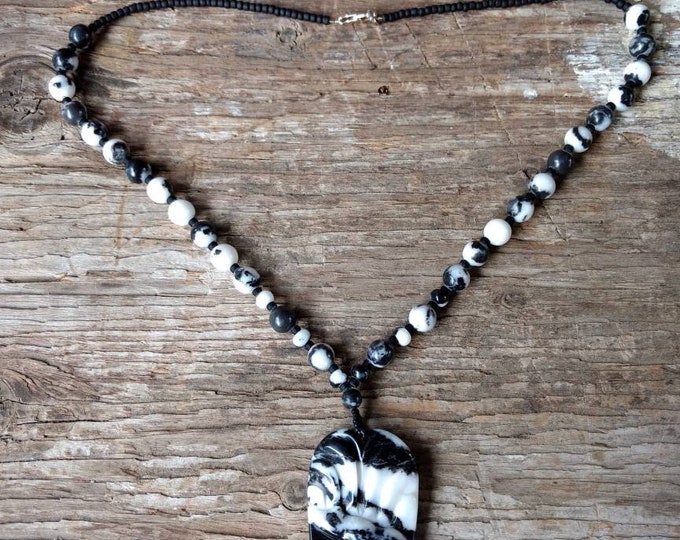 Carved Bear Pendant Zebra Jasper Chakra Necklace All Natural Semi-Precious Stones Healing Metaphysical