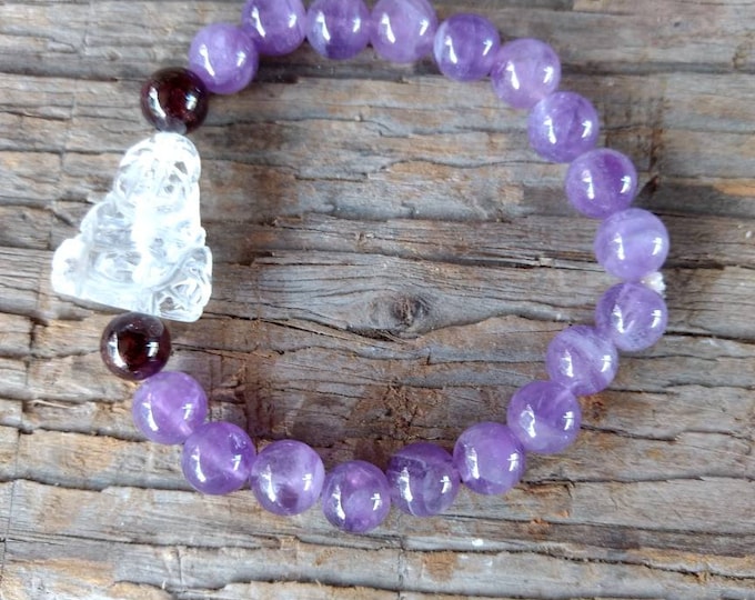 AMETHYST (Light) Chakra w/ Garnet & Rock Quartz Buddha Stretch Bracelet All Natural Semi-Precious Stones Healing Metaphysical