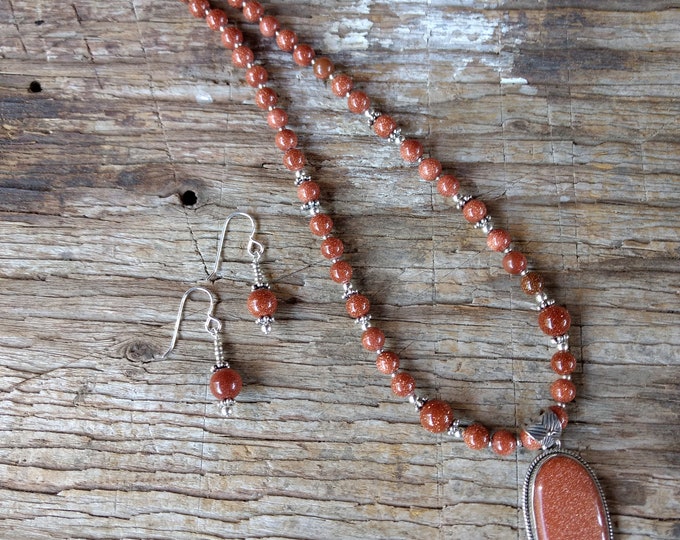 SET: GOLDSTONE Pendant, Sterling Silver Necklace and Earring Set