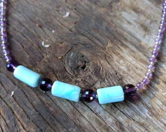 Amethyst & Blue Peruvian Opal Natural Gemstone Sterling Silver Necklace
