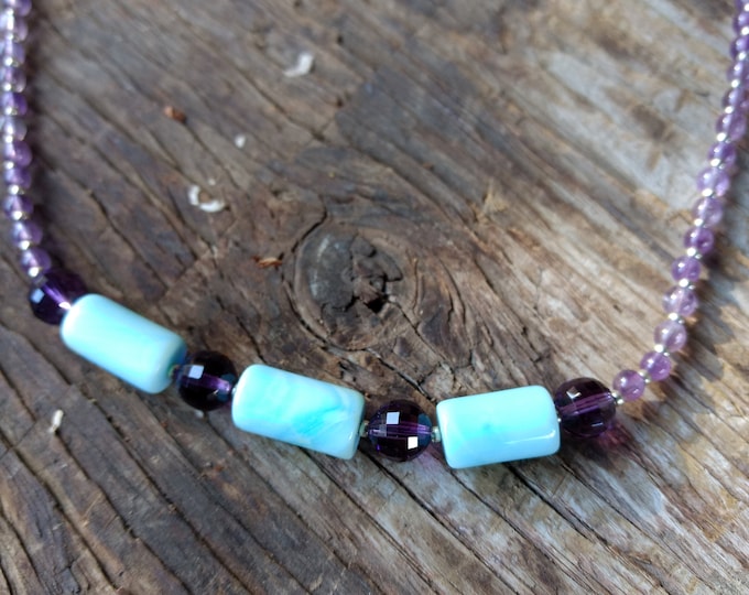 Amethyst & Blue Peruvian Opal Natural Gemstone Sterling Silver Necklace