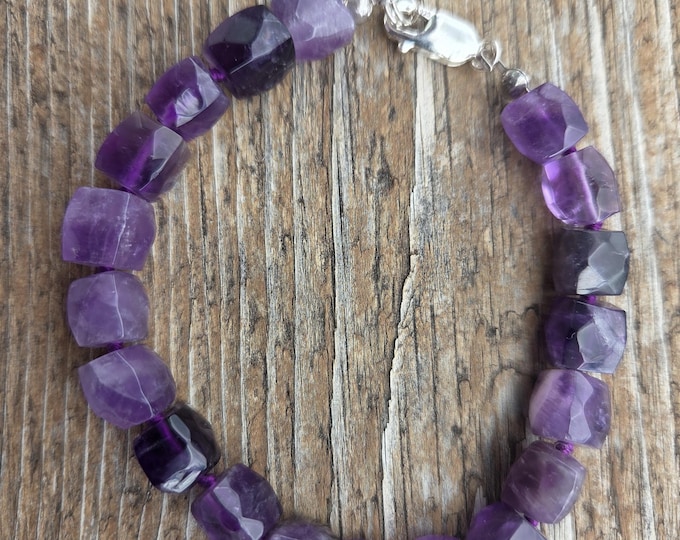 AMETHYST Faceted Cube Bracelet All Natural Semi-Precious Stones Healing Metaphysical