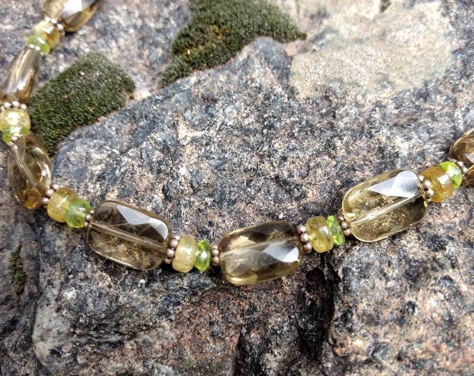 SMOKY QUARTZ PERIDOT & Green Garnet Stone Natural Gemstone Sterling Silver Necklace