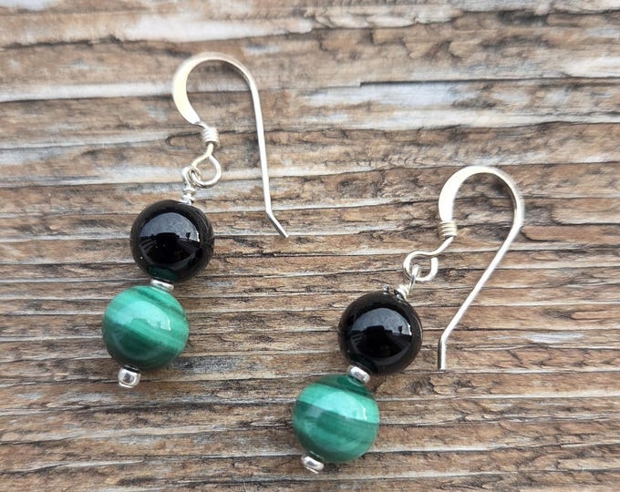 MALACHITE BLACK ONYX Gemstone Earrings Sterling Silver Natural Stone