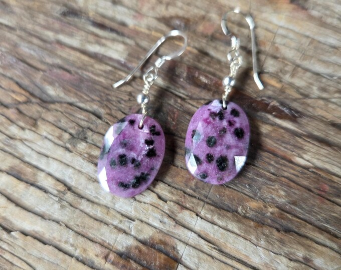 Ruby Zoisite Faceted Gemstone Earrings Sterling Silver Natural Stone