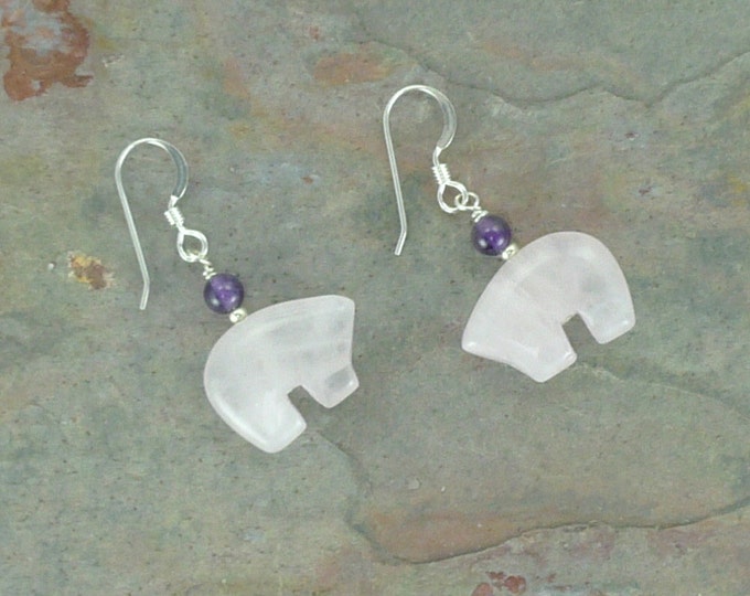 Bear Fetish Zuni Gemstone Earrings Sterling Silver Rose Quartz & Amethyst