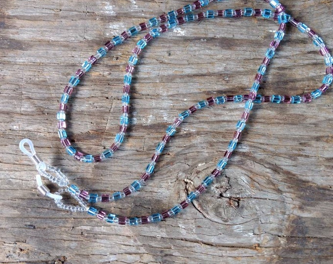 SALE: Pretty BLUE & PURPLE (Pastel) Silver Lined Glass Beads Eyeglass Chain