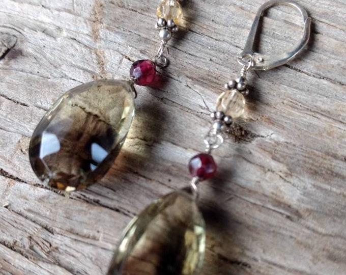 SMOKY QUARTZ FACETED Drops w/ Citrine & Garnet Gemstone Earrings Sterling Silver Natural Stone